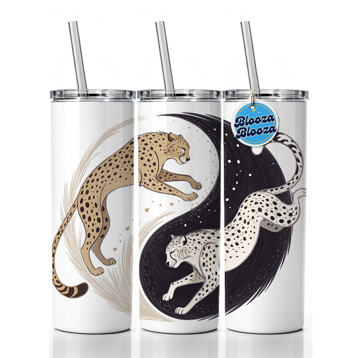Two Cheetahs Yin Yang Skinny Tumbler 20oz with Straw Insulated Water Bottle Gift