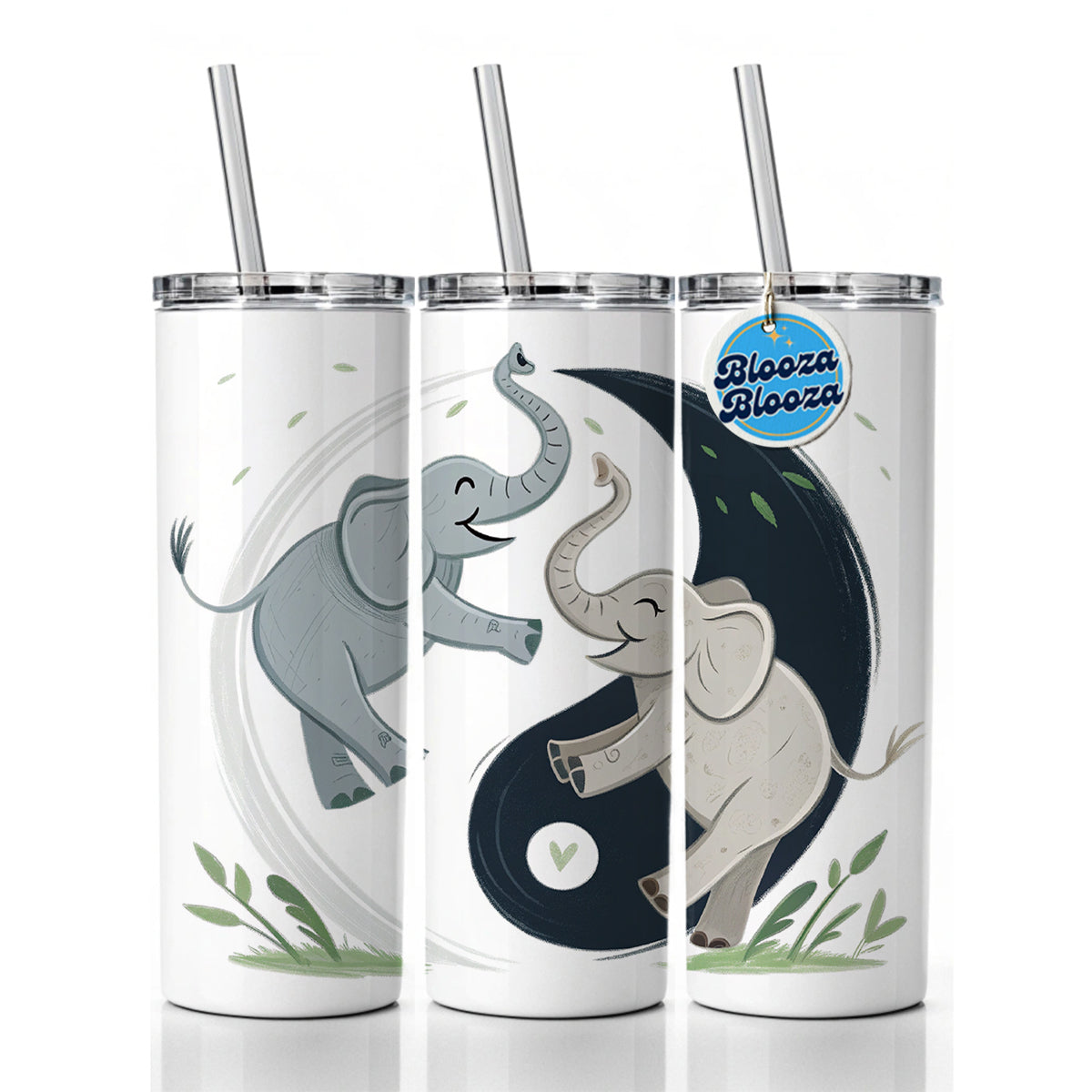 Two Elephants Yin Yang Cute Skinny Tumbler 20oz with Straw Insulated Water Bottle Gift