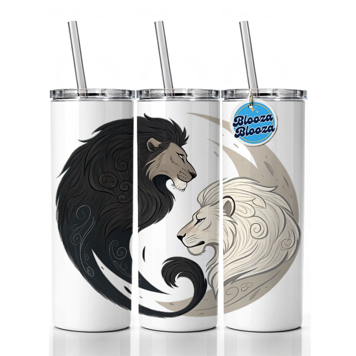 Two Lions Yin Yang Skinny Tumbler 20oz with Straw Insulated Water Bottle Gift