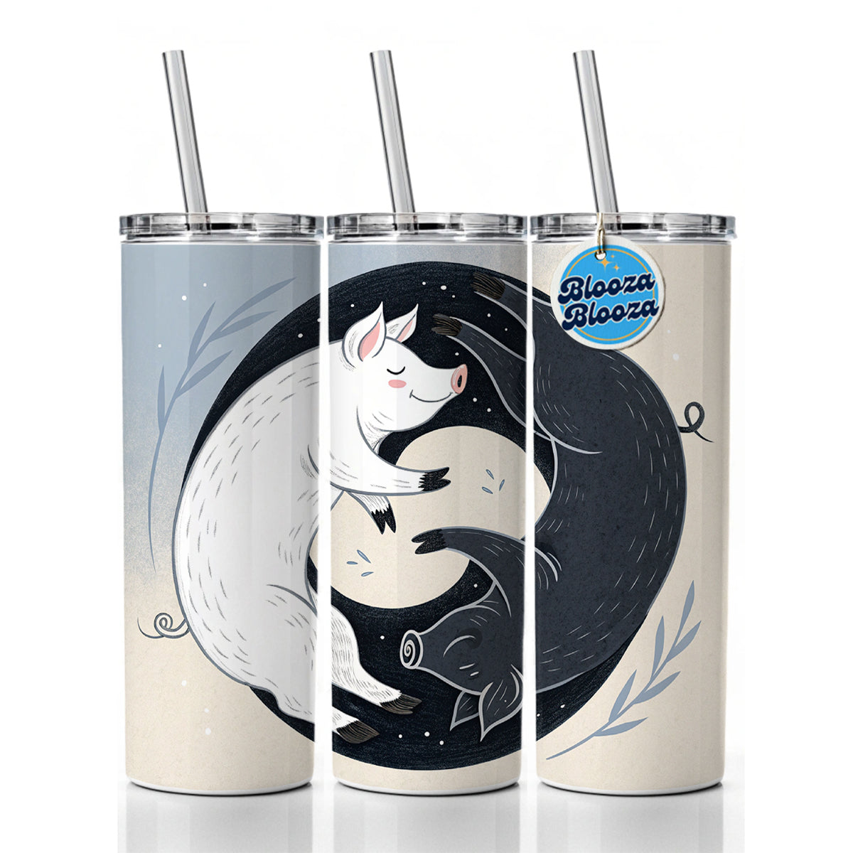 Two Pigs Yin Yang Black White Skinny Tumbler 20oz with Straw Insulated Water Bottle Gift