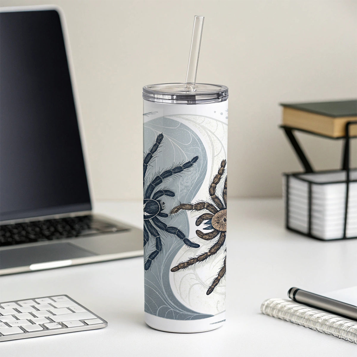 Two Tarantulas Spiders Yin Yang Skinny Tumbler 20oz with Straw Insulated Water Bottle Gift