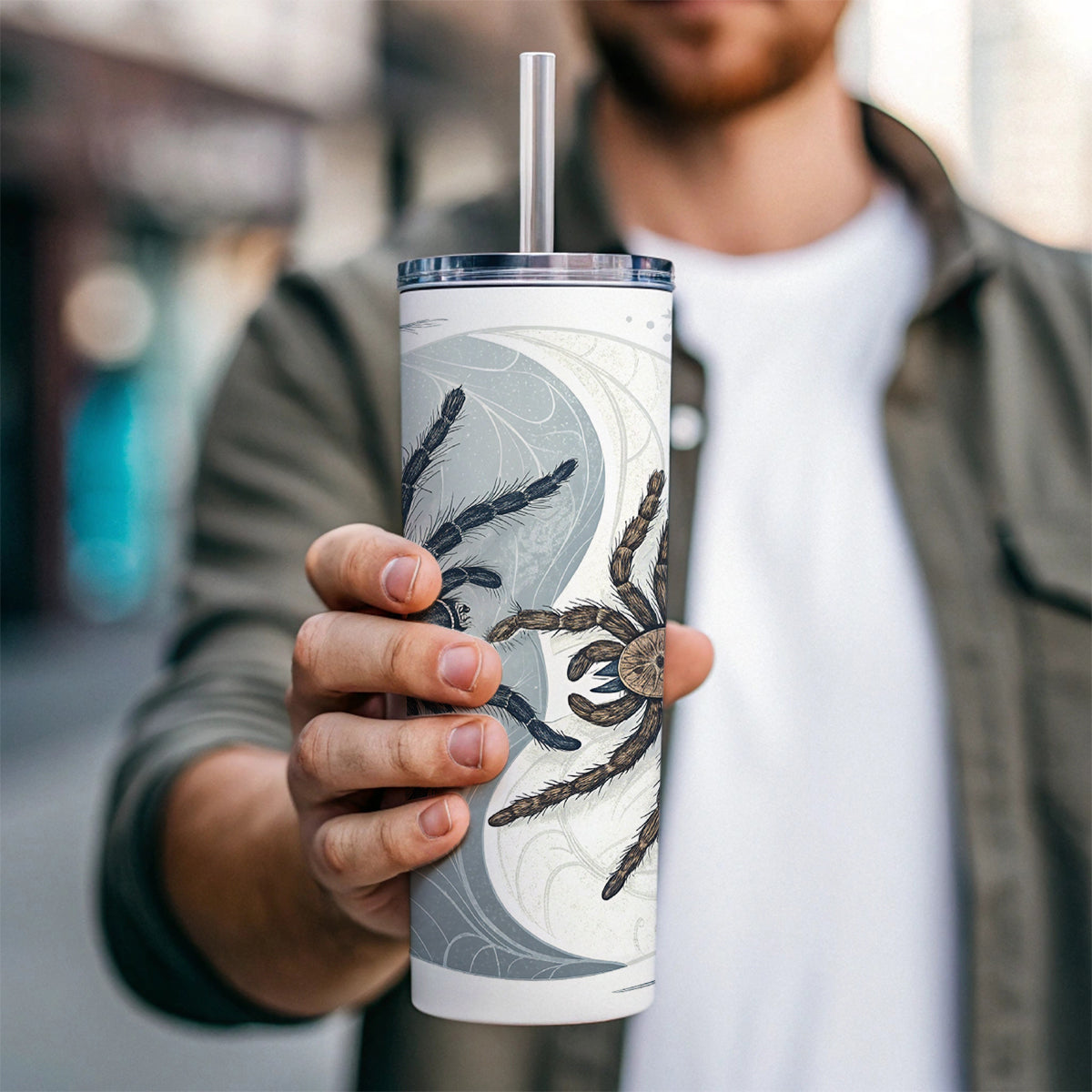 Two Tarantulas Spiders Yin Yang Skinny Tumbler 20oz with Straw Insulated Water Bottle Gift