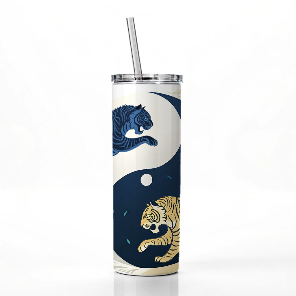 Two Tigers Yin Yang Skinny Tumbler 20oz with Straw Insulated Water Bottle Gift