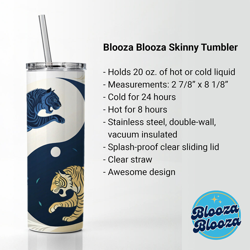 Two Tigers Yin Yang Skinny Tumbler 20oz with Straw Insulated Water Bottle Gift