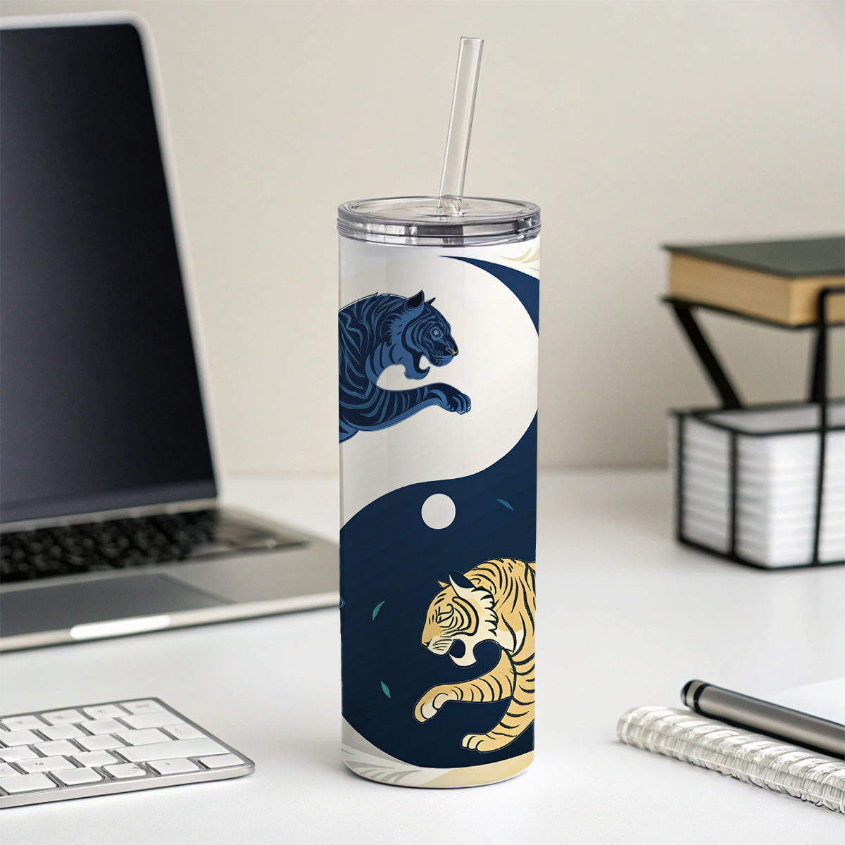 Two Tigers Yin Yang Skinny Tumbler 20oz with Straw Insulated Water Bottle Gift