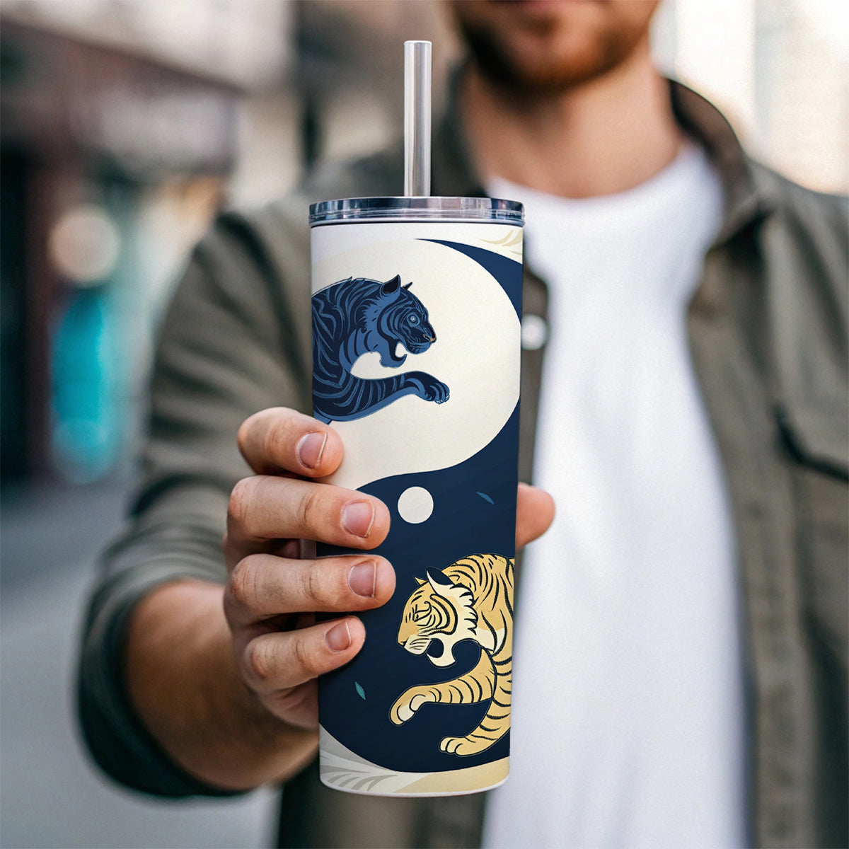 Two Tigers Yin Yang Skinny Tumbler 20oz with Straw Insulated Water Bottle Gift