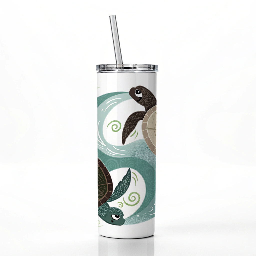 Two Turtles Yin Yang Skinny Tumbler 20oz with Straw Insulated Water Bottle Gift