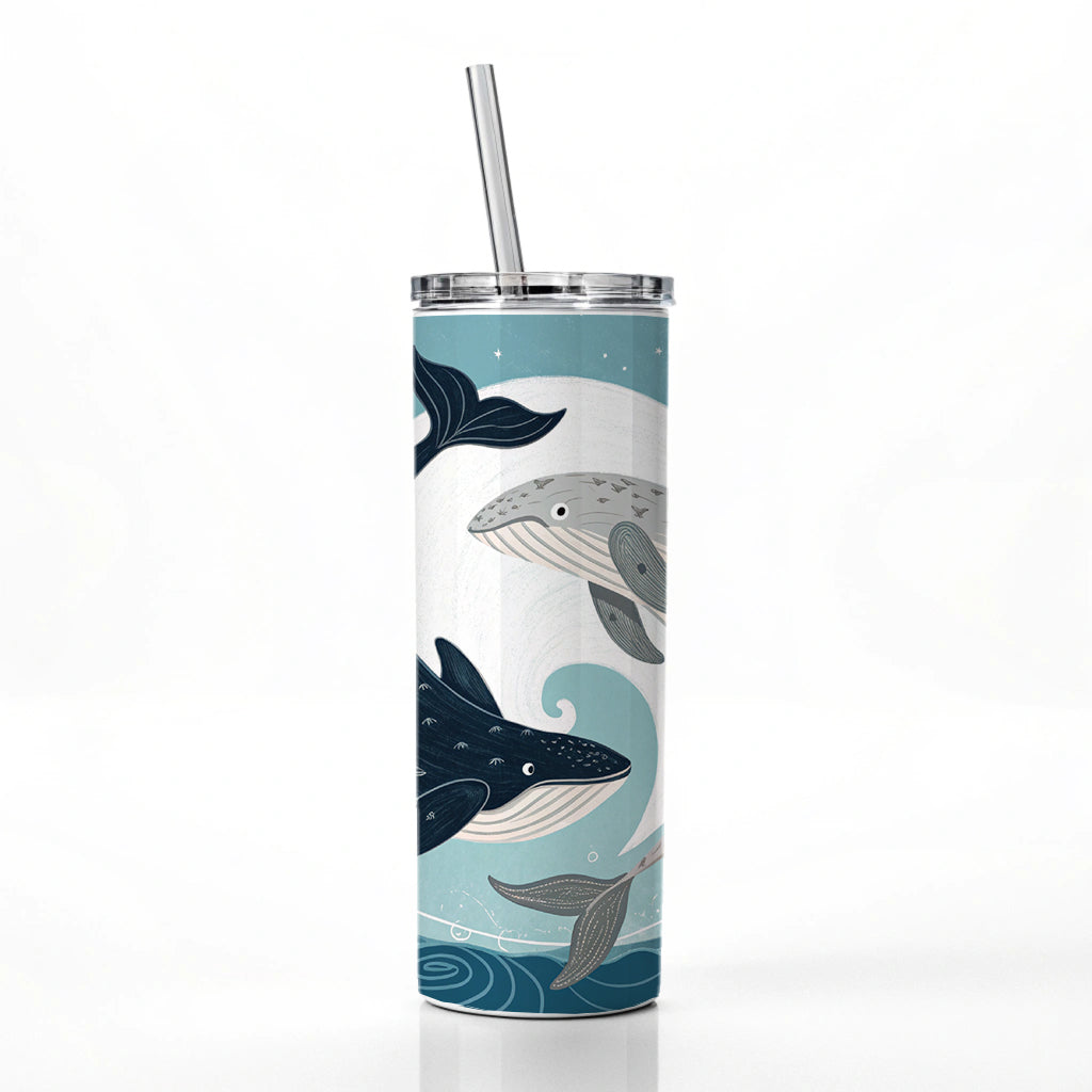 Two Whales Yin Yang Ocean Sky Skinny Tumbler 20oz with Straw Insulated Water Bottle Gift