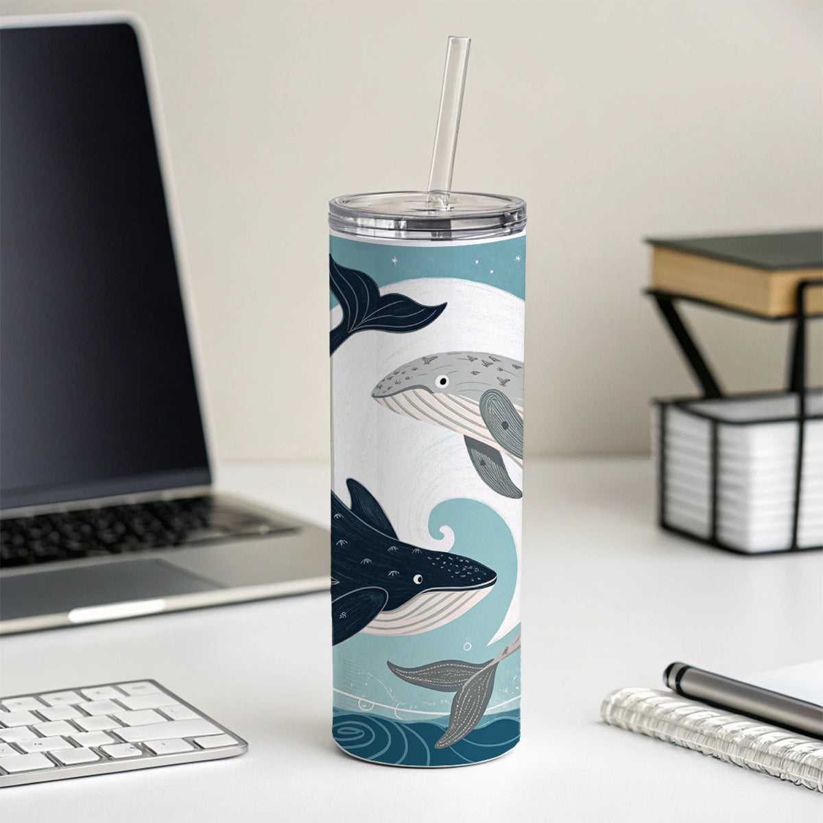 Two Whales Yin Yang Ocean Sky Skinny Tumbler 20oz with Straw Insulated Water Bottle Gift