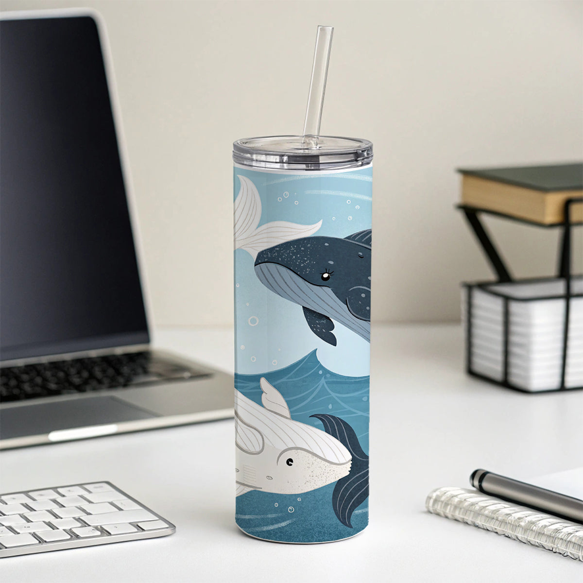 Two Whales Yin Yang Ocean Skinny Tumbler 20oz with Straw Insulated Water Bottle Gift