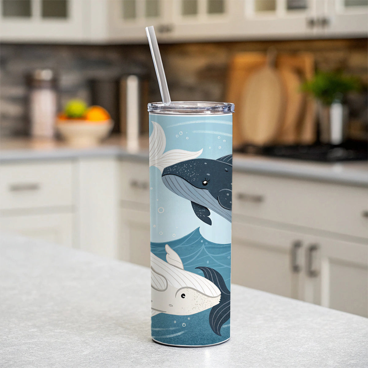 Two Whales Yin Yang Ocean Skinny Tumbler 20oz with Straw Insulated Water Bottle Gift