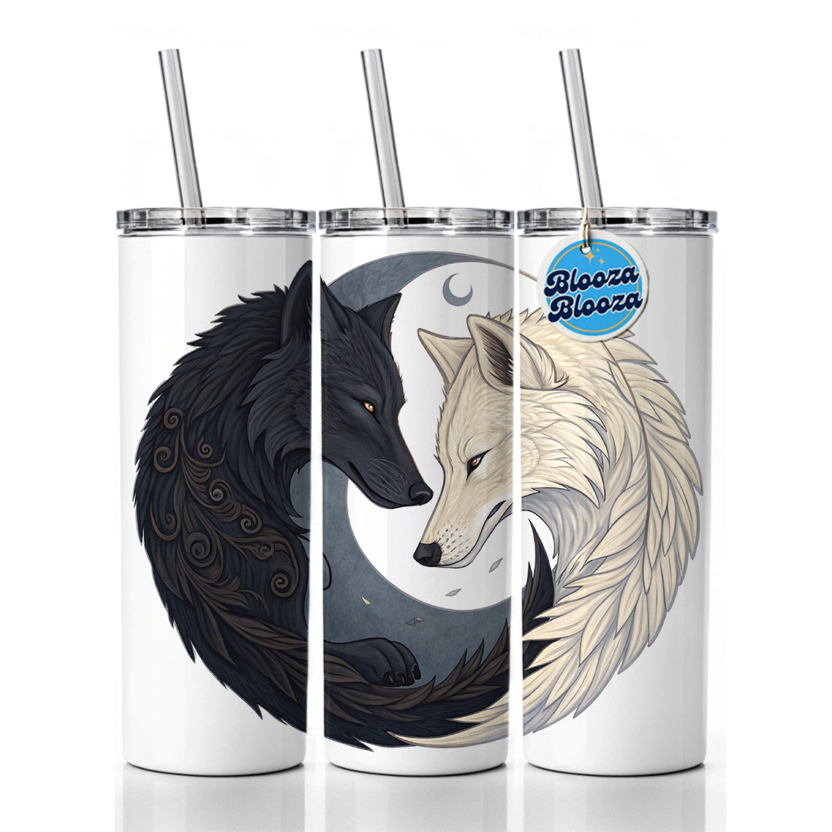 Two Wolves Yin Yang Skinny Tumbler 20oz with Straw Insulated Water Bottle Gift