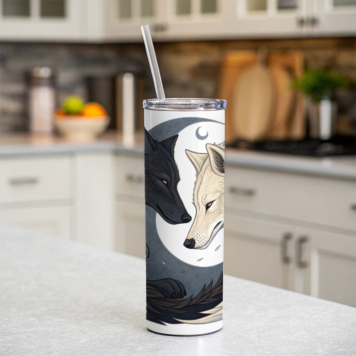 Two Wolves Yin Yang Skinny Tumbler 20oz with Straw Insulated Water Bottle Gift