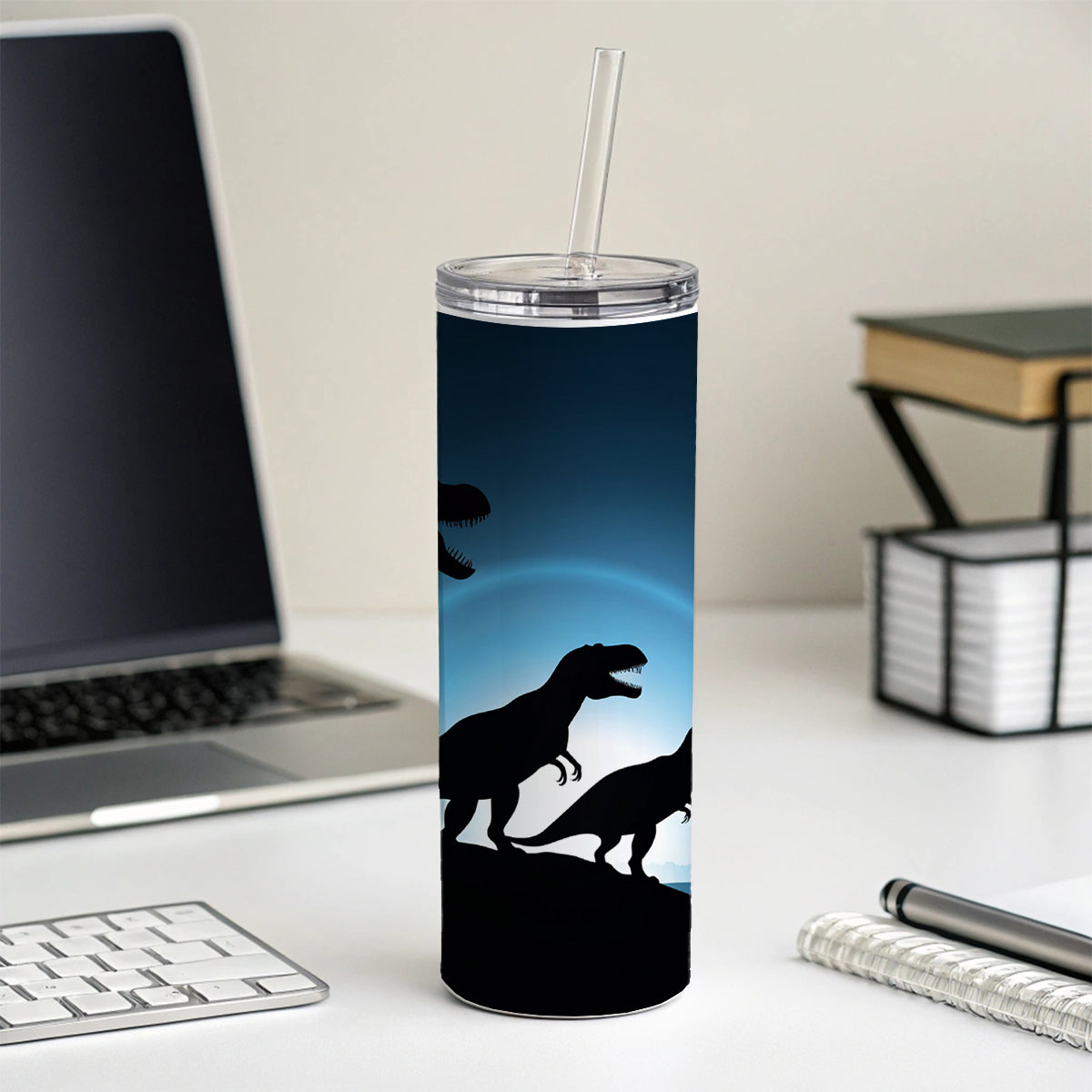 Tyrannosaurus T-Rex Dinosaur Night Silhouettes Skinny Tumbler 20oz with Straw Insulated Water Bottle Gift