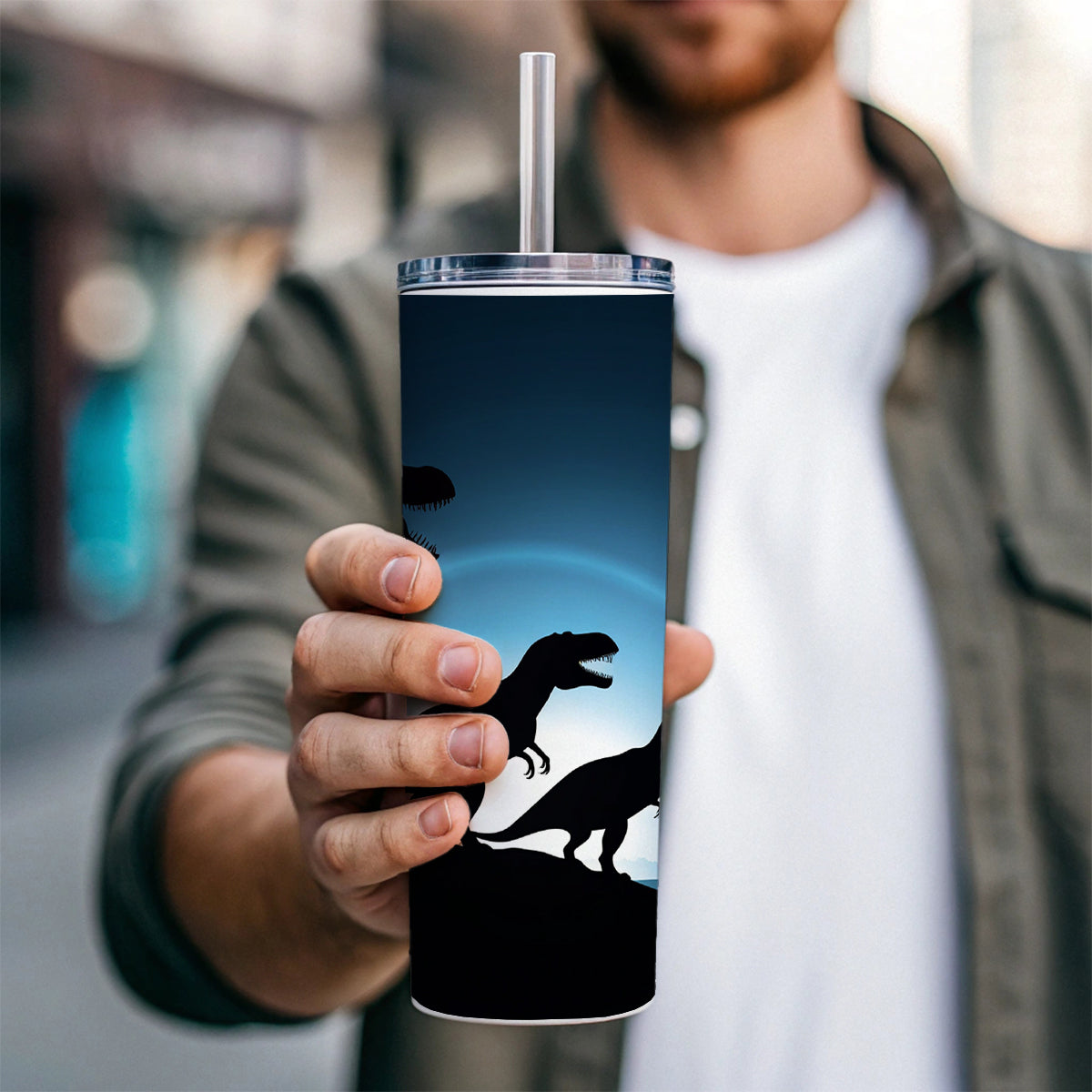 Tyrannosaurus T-Rex Dinosaur Night Silhouettes Skinny Tumbler 20oz with Straw Insulated Water Bottle Gift