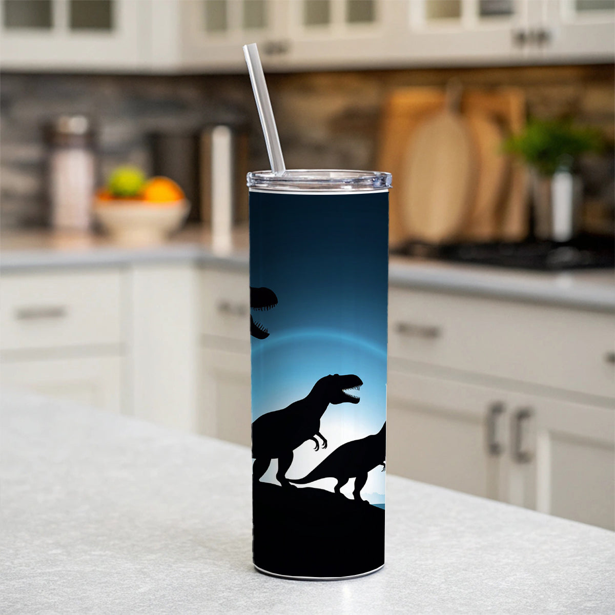 Tyrannosaurus T-Rex Dinosaur Night Silhouettes Skinny Tumbler 20oz with Straw Insulated Water Bottle Gift