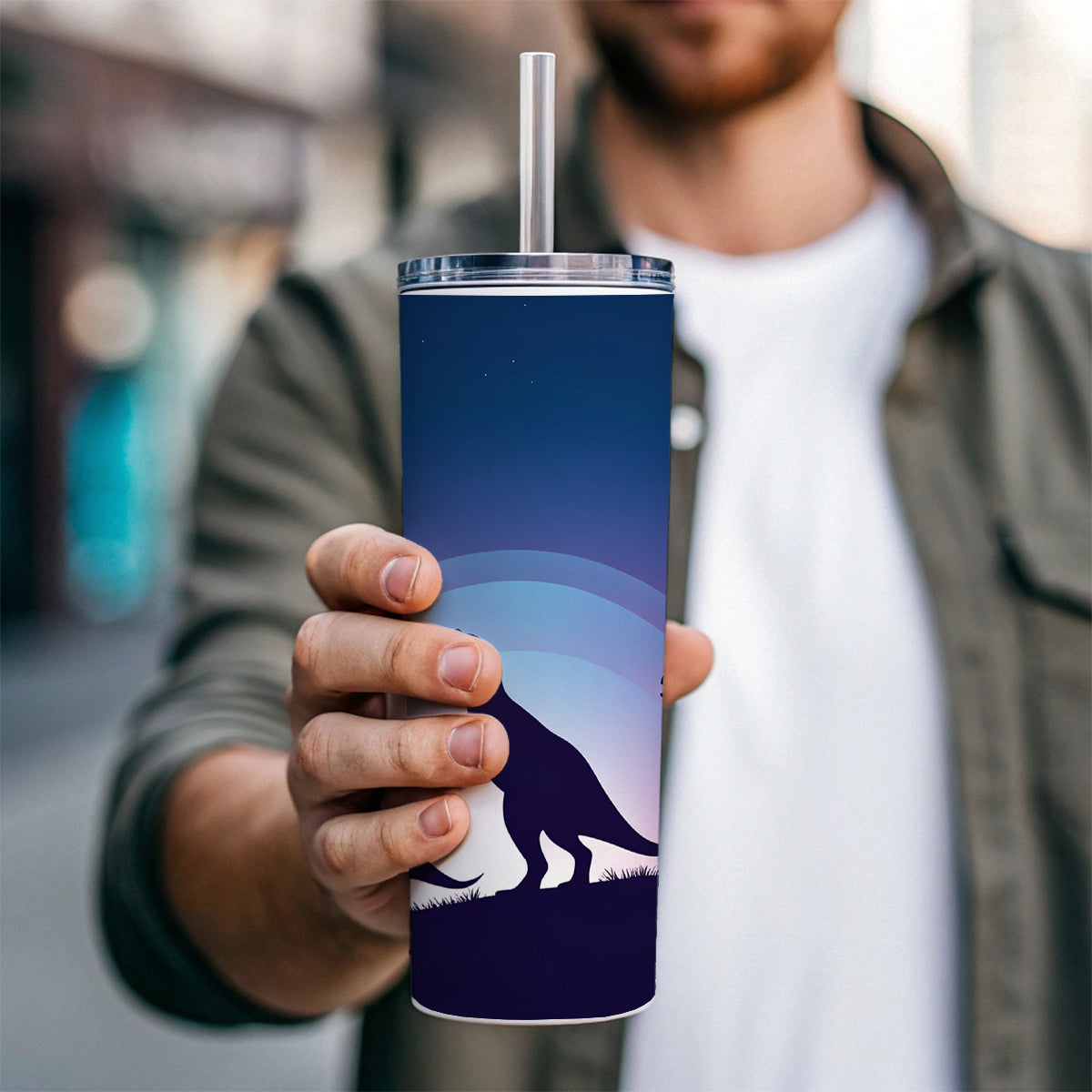 Tyrannosaurus T-Rex Dinosaur Silhouettes Skinny Tumbler 20oz with Straw Insulated Water Bottle Gift