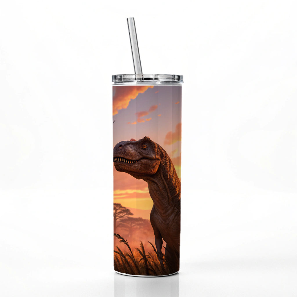 Tyrannosaurus T-Rex Dinosaur Sunset Sky Skinny Tumbler 20oz with Straw Insulated Water Bottle Gift