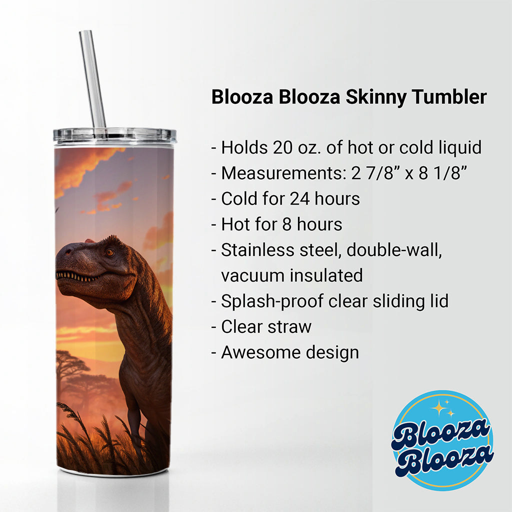 Tyrannosaurus T-Rex Dinosaur Sunset Sky Skinny Tumbler 20oz with Straw Insulated Water Bottle Gift