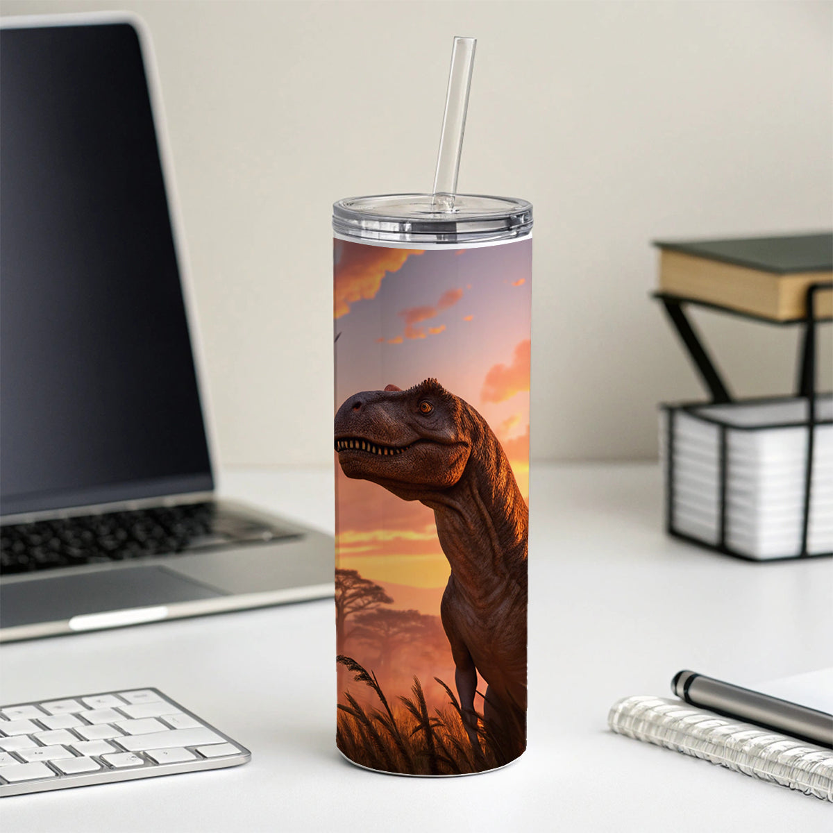 Tyrannosaurus T-Rex Dinosaur Sunset Sky Skinny Tumbler 20oz with Straw Insulated Water Bottle Gift