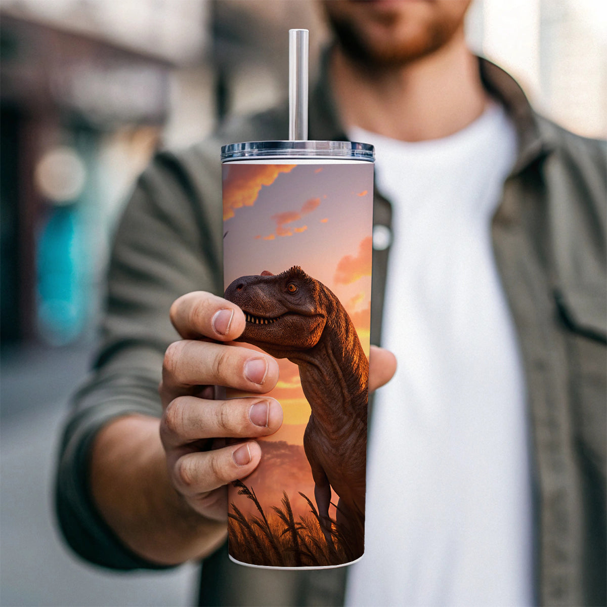 Tyrannosaurus T-Rex Dinosaur Sunset Sky Skinny Tumbler 20oz with Straw Insulated Water Bottle Gift