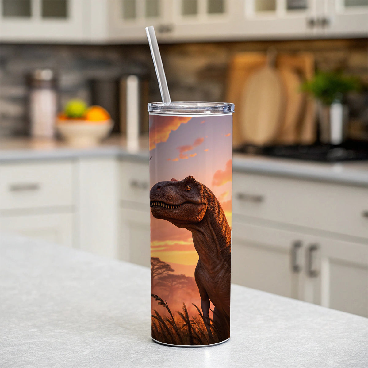 Tyrannosaurus T-Rex Dinosaur Sunset Sky Skinny Tumbler 20oz with Straw Insulated Water Bottle Gift