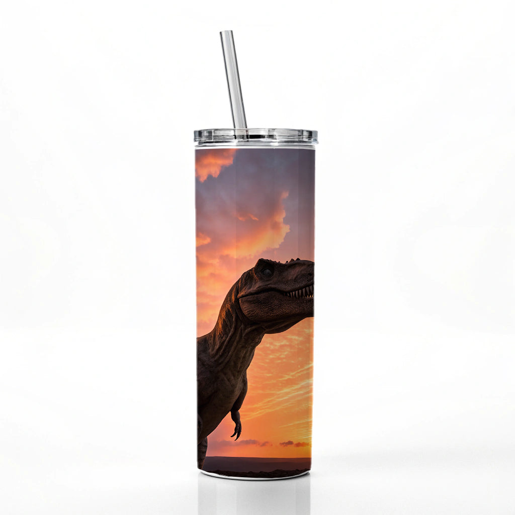 Tyrannosaurus T-Rex Dinosaur Sunset Sunrise Skinny Tumbler 20oz with Straw Insulated Water Bottle Gift