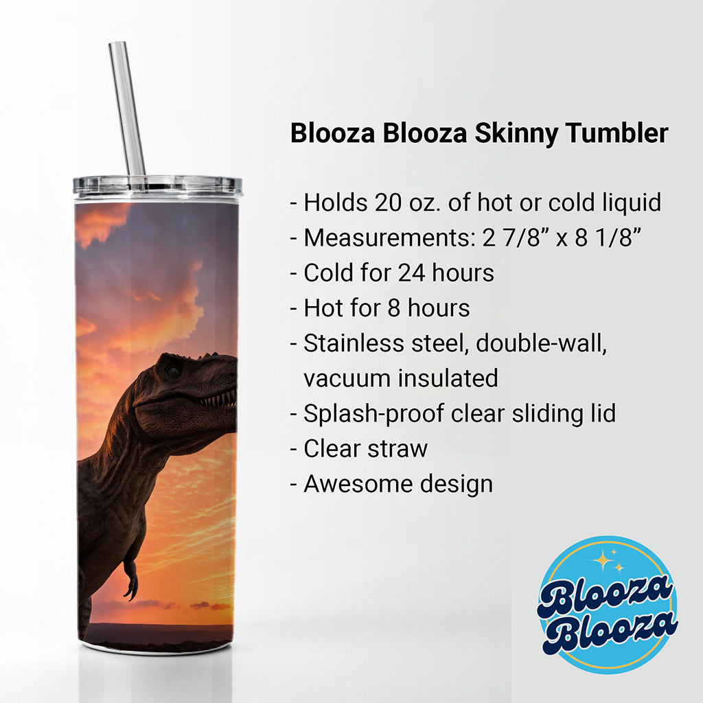 Tyrannosaurus T-Rex Dinosaur Sunset Sunrise Skinny Tumbler 20oz with Straw Insulated Water Bottle Gift