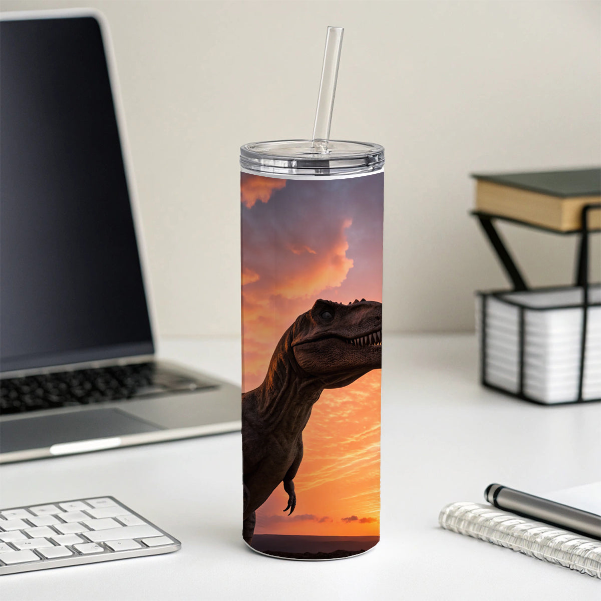 Tyrannosaurus T-Rex Dinosaur Sunset Sunrise Skinny Tumbler 20oz with Straw Insulated Water Bottle Gift