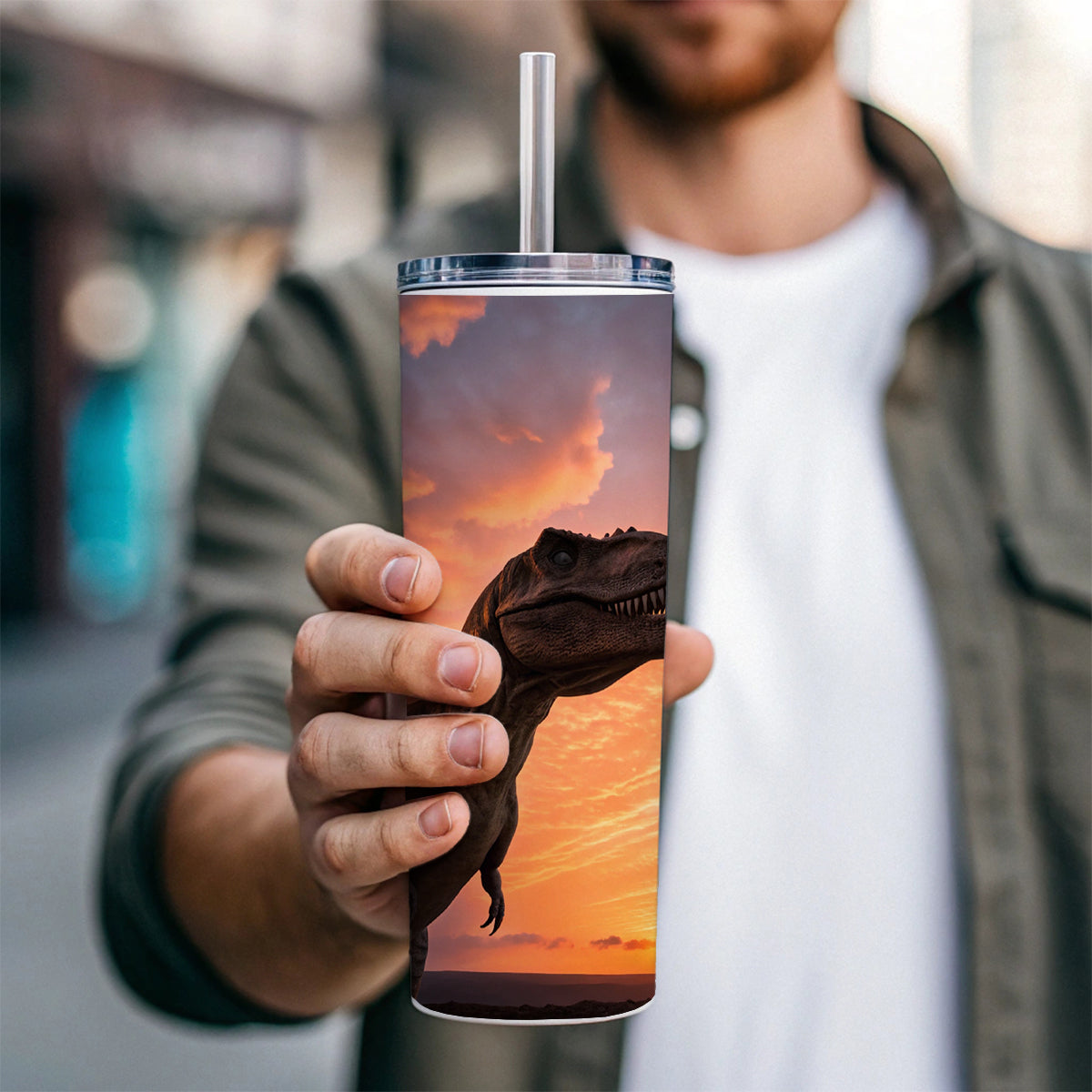Tyrannosaurus T-Rex Dinosaur Sunset Sunrise Skinny Tumbler 20oz with Straw Insulated Water Bottle Gift