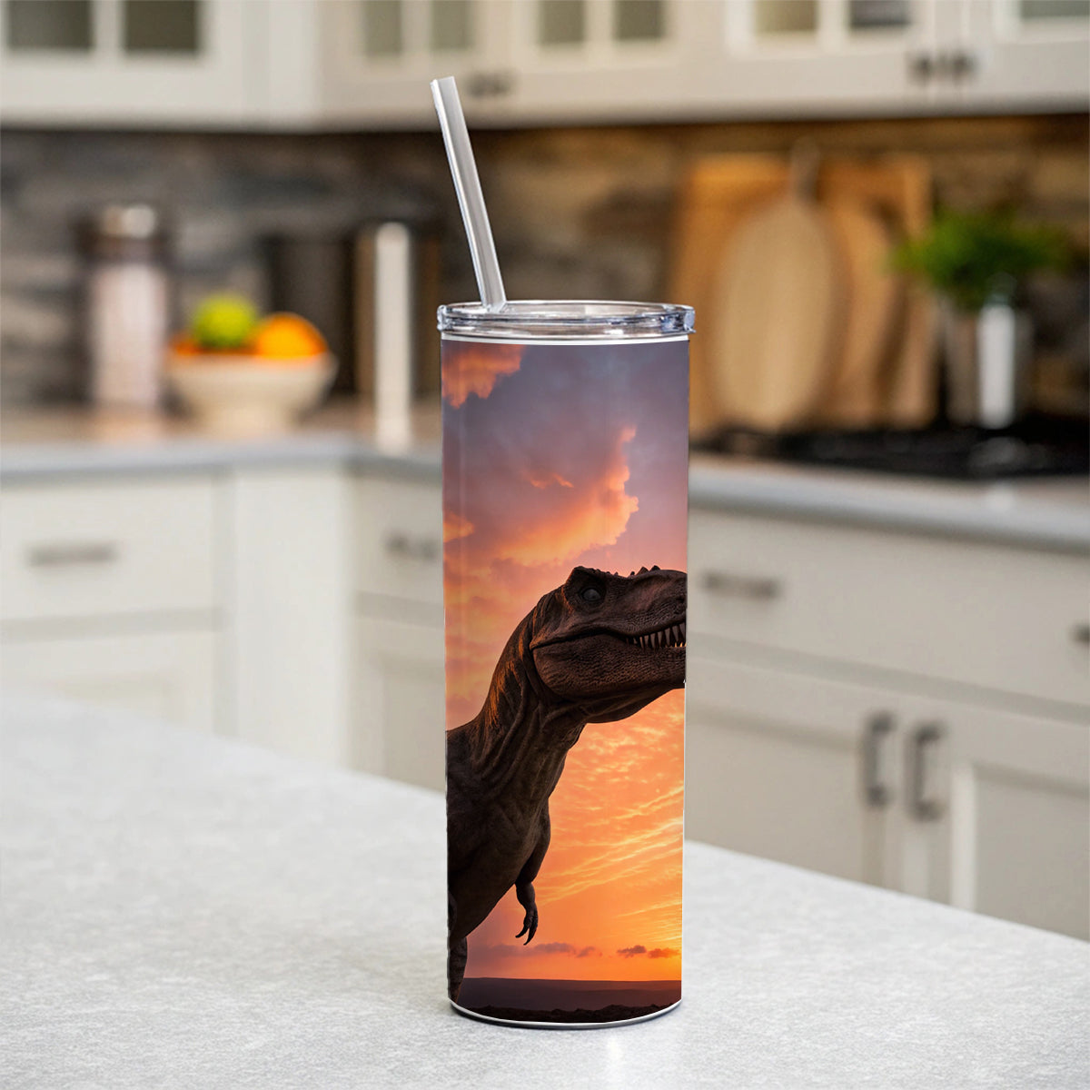 Tyrannosaurus T-Rex Dinosaur Sunset Sunrise Skinny Tumbler 20oz with Straw Insulated Water Bottle Gift