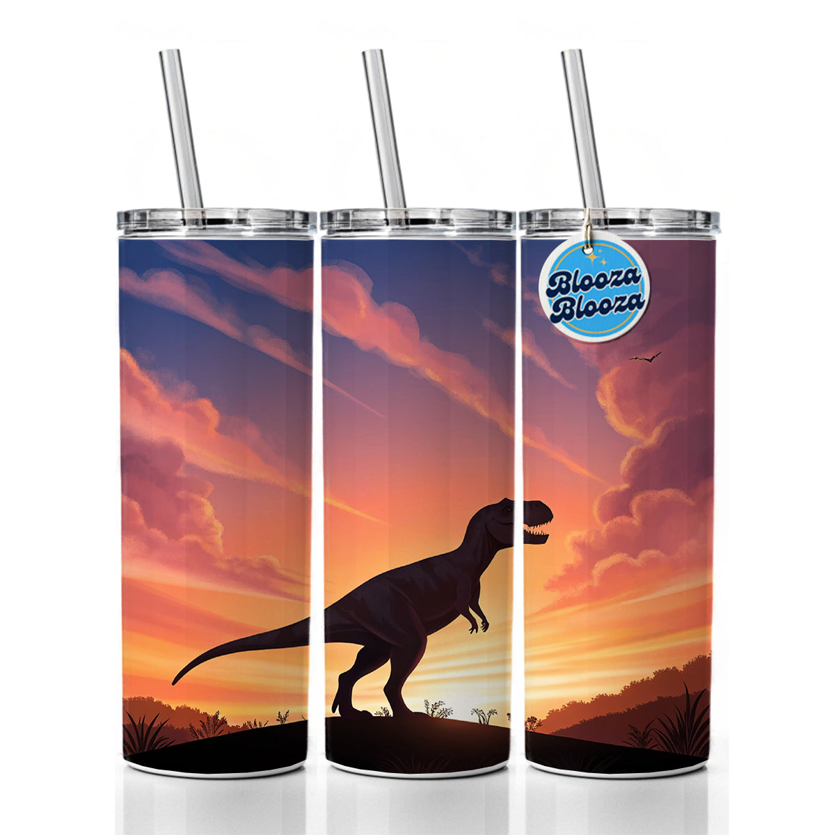 Tyrannosaurus T-Rex Dinosaur Sunset Skinny Tumbler 20oz with Straw Insulated Water Bottle Gift
