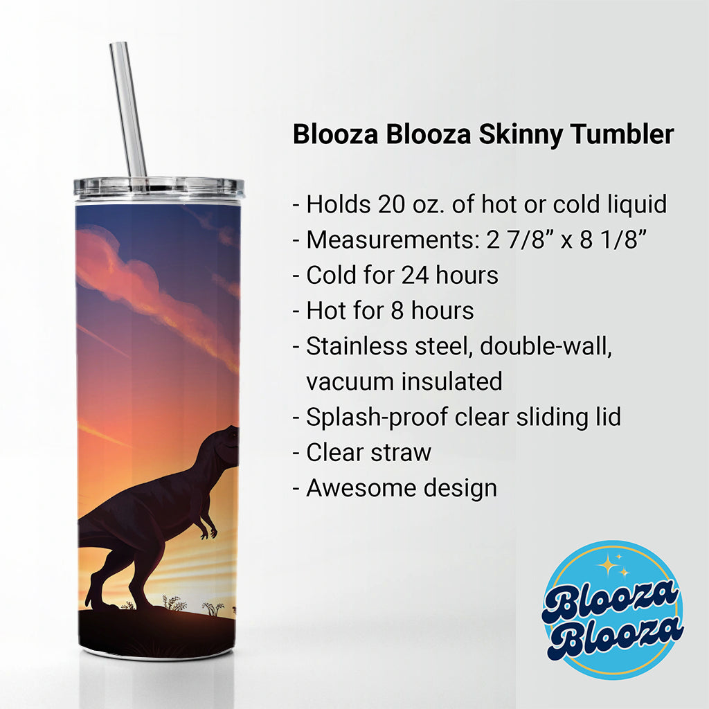 Tyrannosaurus T-Rex Dinosaur Sunset Skinny Tumbler 20oz with Straw Insulated Water Bottle Gift