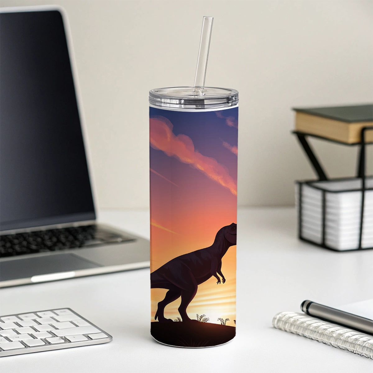 Tyrannosaurus T-Rex Dinosaur Sunset Skinny Tumbler 20oz with Straw Insulated Water Bottle Gift
