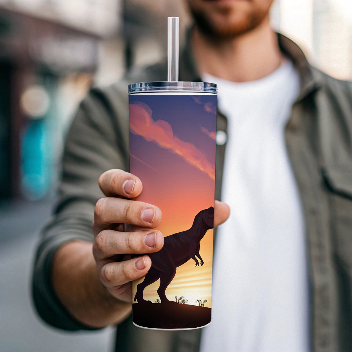 Tyrannosaurus T-Rex Dinosaur Sunset Skinny Tumbler 20oz with Straw Insulated Water Bottle Gift
