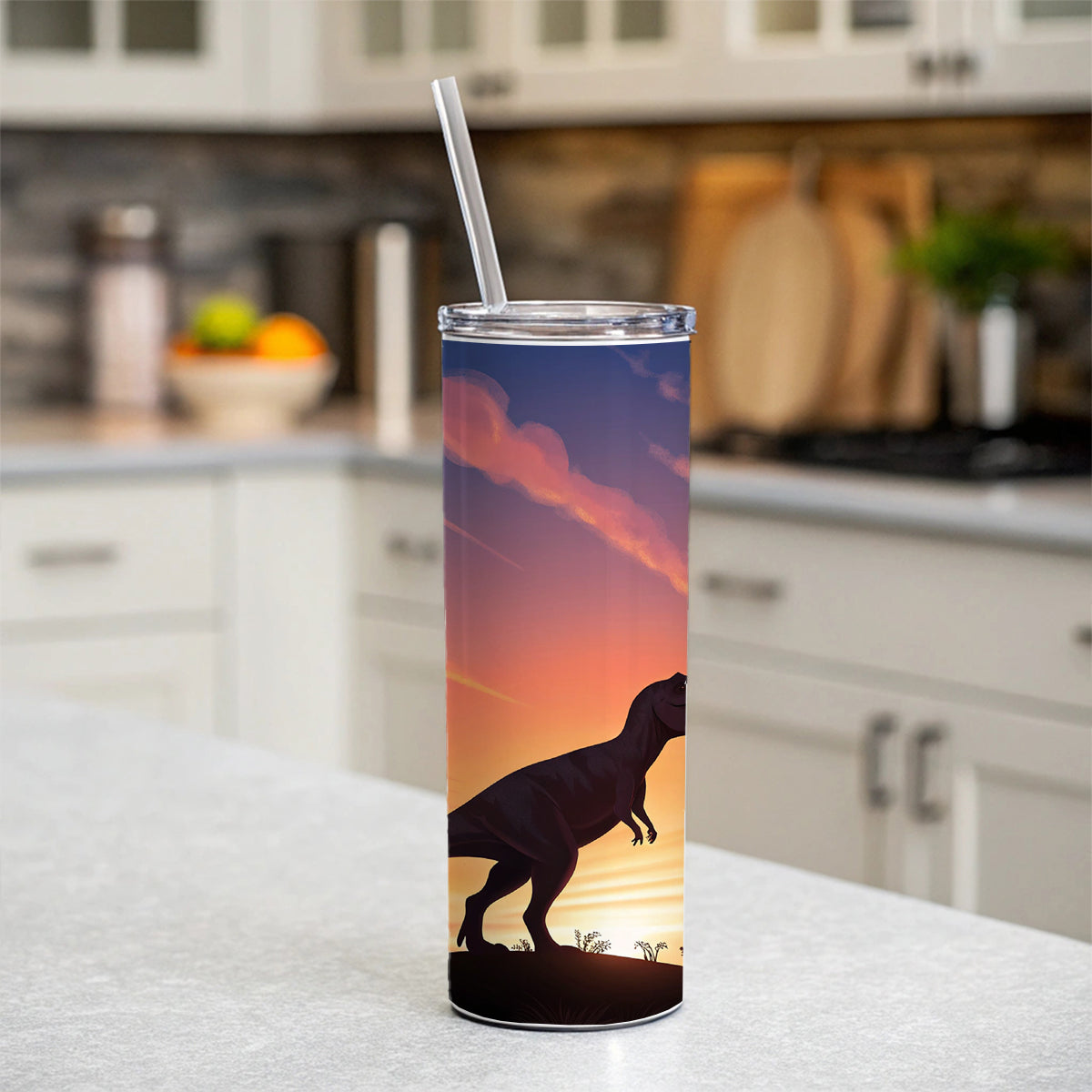 Tyrannosaurus T-Rex Dinosaur Sunset Skinny Tumbler 20oz with Straw Insulated Water Bottle Gift
