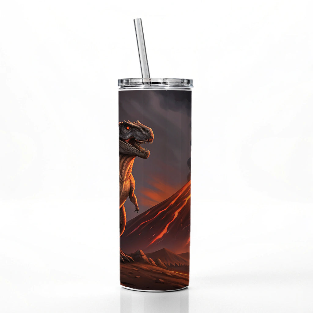 Tyrannosaurus T-Rex Dinosaur Volcano Lava Skinny Tumbler 20oz with Straw Insulated Water Bottle Gift