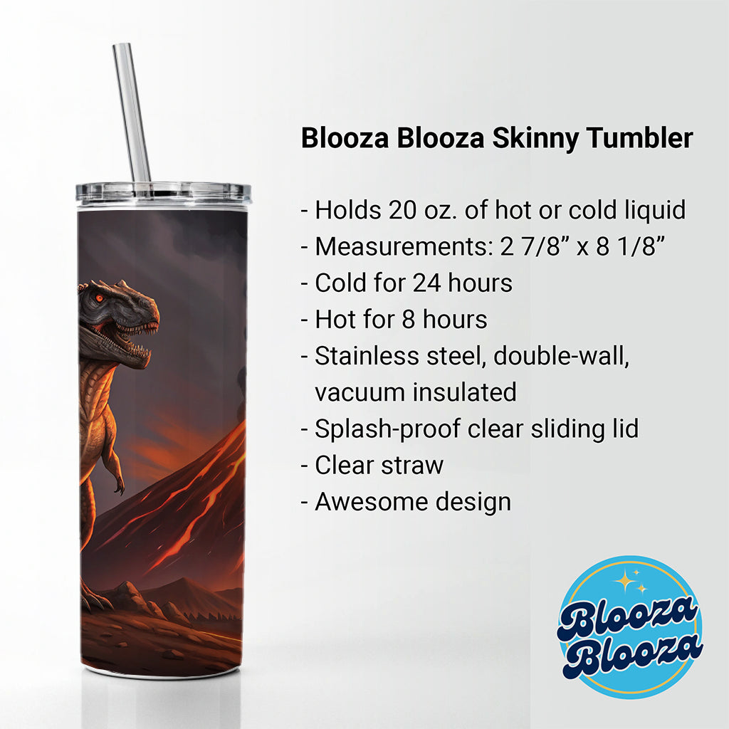 Tyrannosaurus T-Rex Dinosaur Volcano Lava Skinny Tumbler 20oz with Straw Insulated Water Bottle Gift