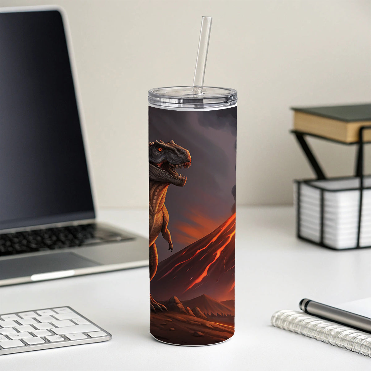 Tyrannosaurus T-Rex Dinosaur Volcano Lava Skinny Tumbler 20oz with Straw Insulated Water Bottle Gift