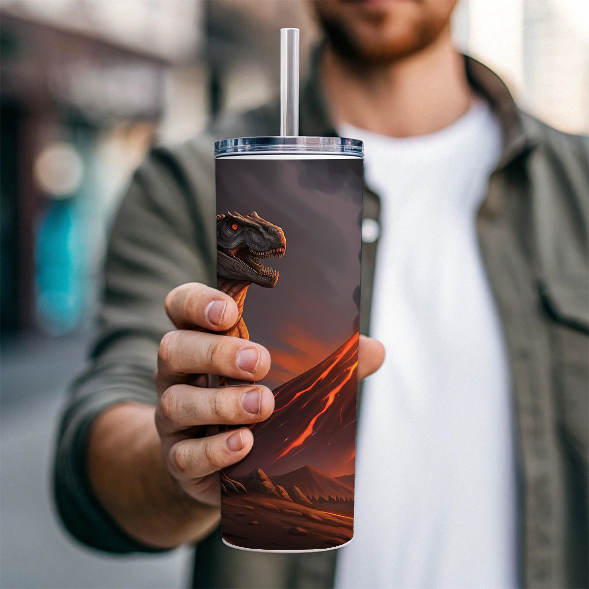 Tyrannosaurus T-Rex Dinosaur Volcano Lava Skinny Tumbler 20oz with Straw Insulated Water Bottle Gift