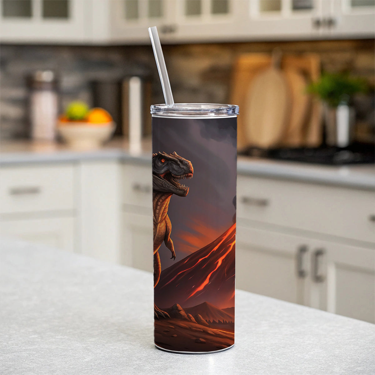 Tyrannosaurus T-Rex Dinosaur Volcano Lava Skinny Tumbler 20oz with Straw Insulated Water Bottle Gift