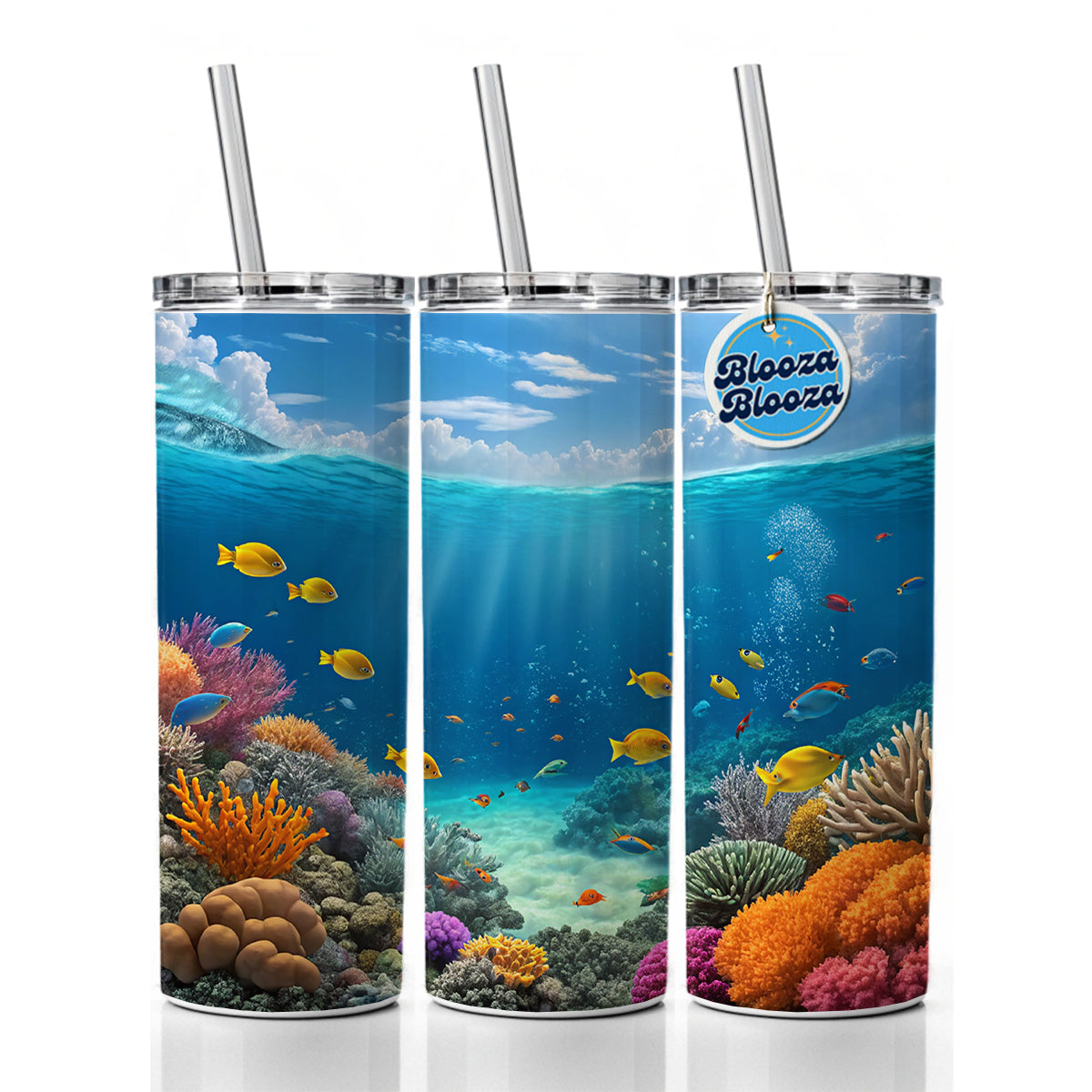 Underwater Reef Scene Tropical Fish Ocean Skinny Tumbler 20oz with Straw Insulated Water Bottle Gift