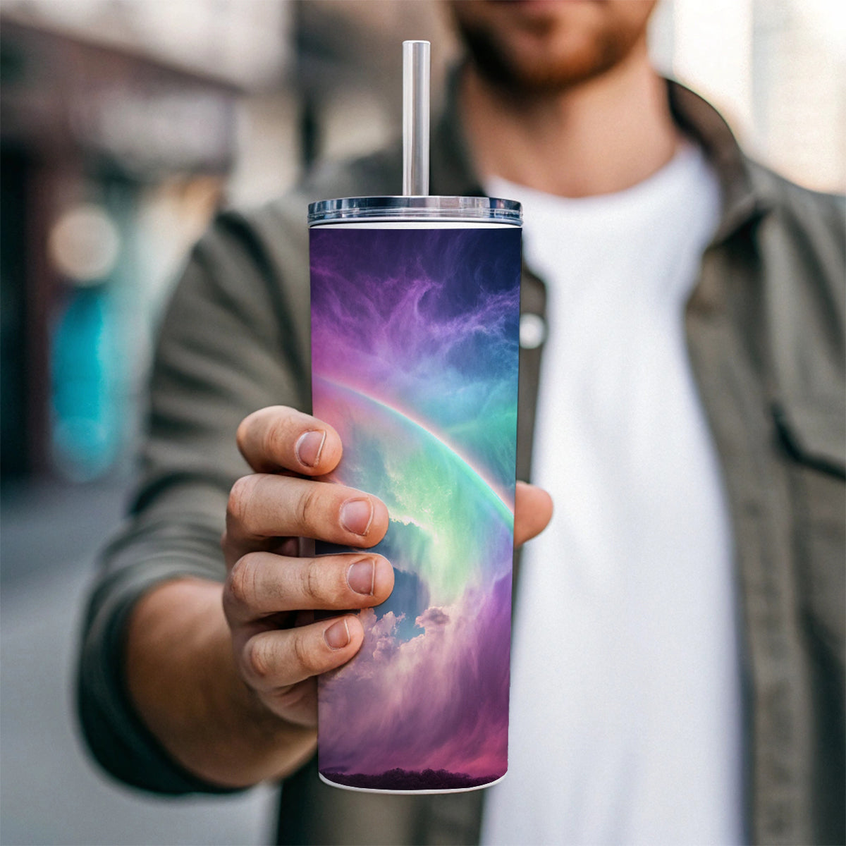 Vapor Rainbow Storm Skinny Tumbler 20oz with Straw Insulated Water Bottle Gift
