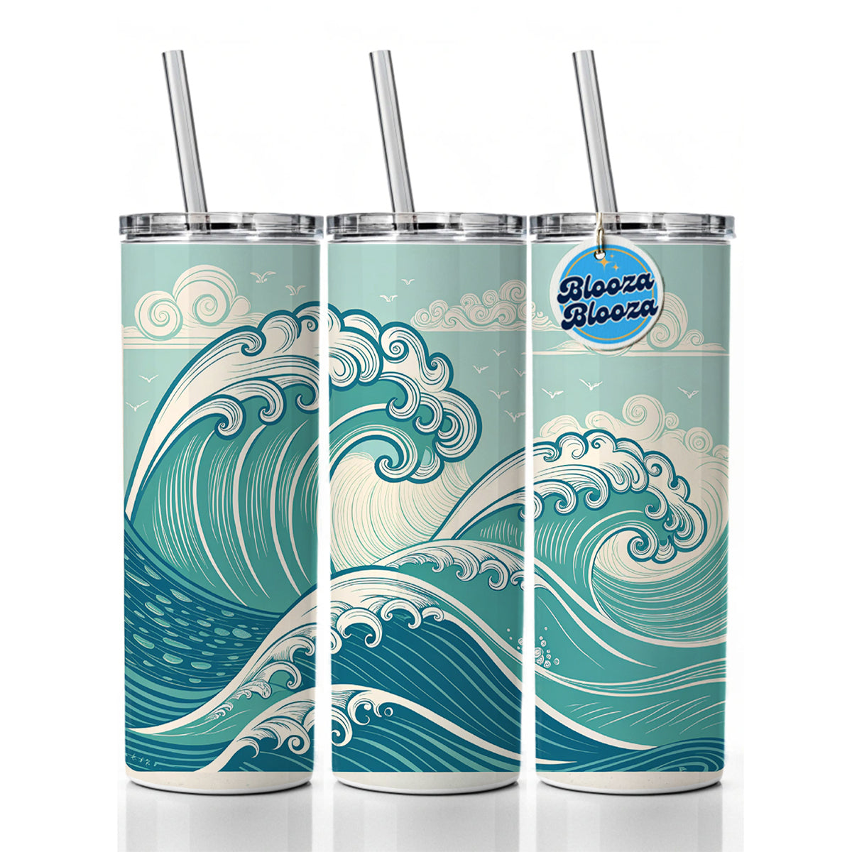 Vintage Ocean Waves Drawing Skinny Tumbler 20oz with Straw Insulated Water Bottle Gift