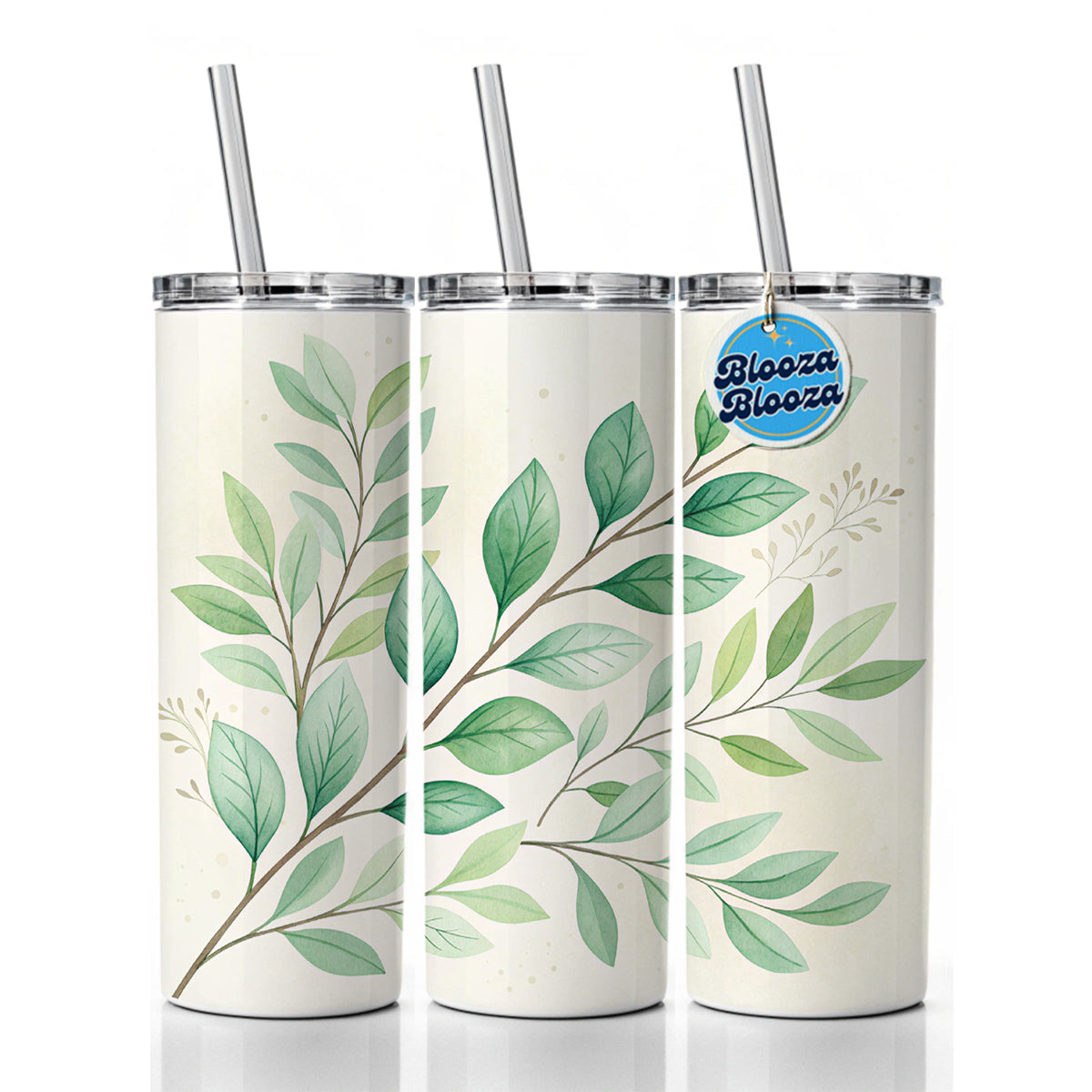 Watercolor Green Leaves And Branches Skinny Tumbler 20oz with Straw Insulated Water Bottle Gift