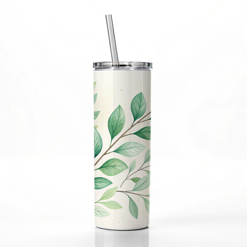 Watercolor Green Leaves And Branches Skinny Tumbler 20oz with Straw Insulated Water Bottle Gift