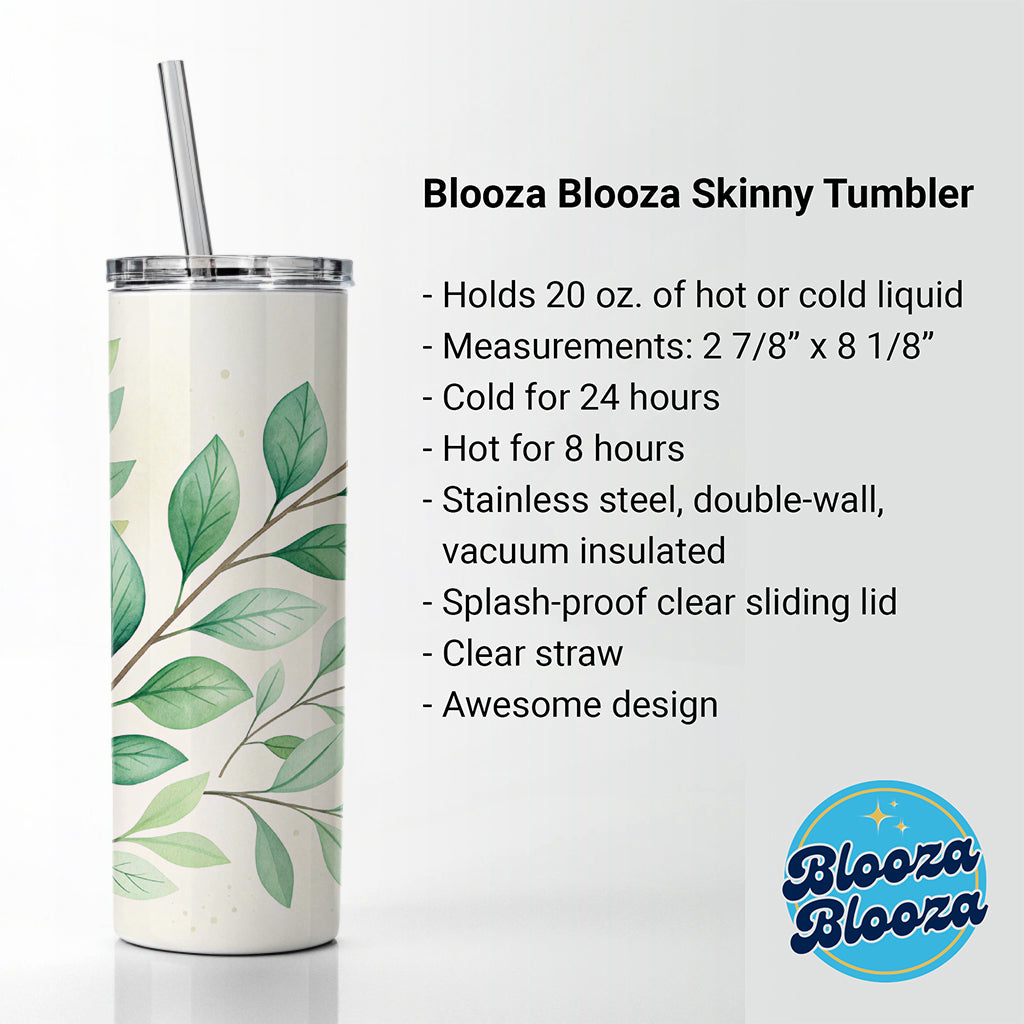 Watercolor Green Leaves And Branches Skinny Tumbler 20oz with Straw Insulated Water Bottle Gift