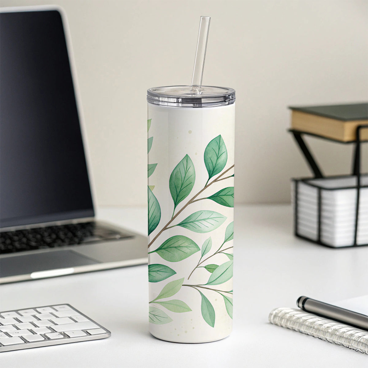 Watercolor Green Leaves And Branches Skinny Tumbler 20oz with Straw Insulated Water Bottle Gift