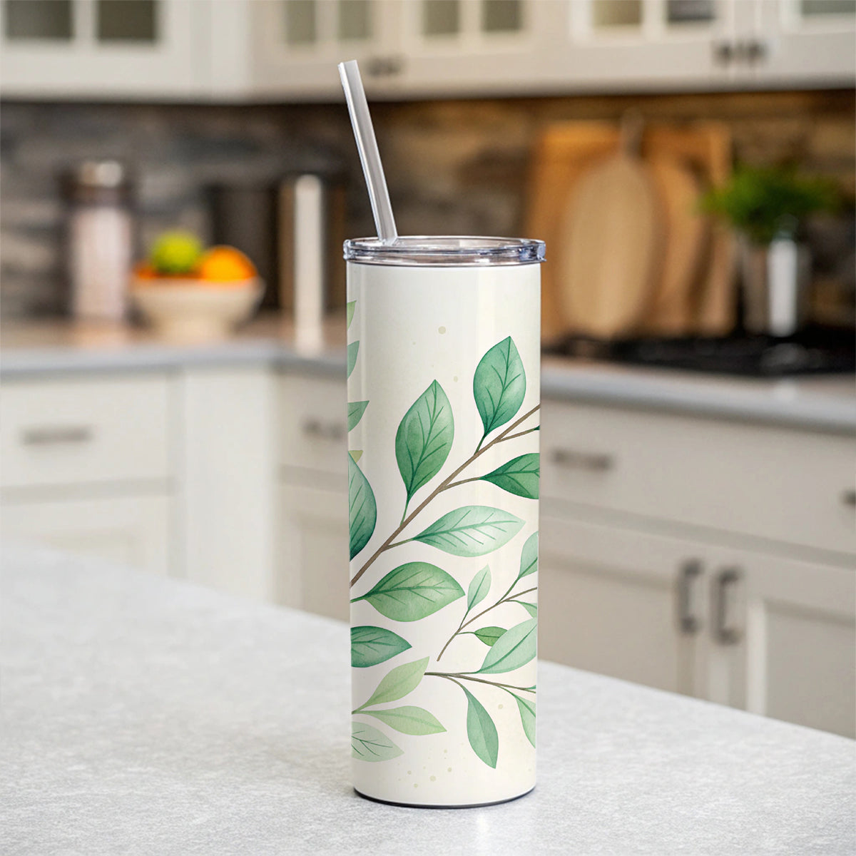 Watercolor Green Leaves And Branches Skinny Tumbler 20oz with Straw Insulated Water Bottle Gift