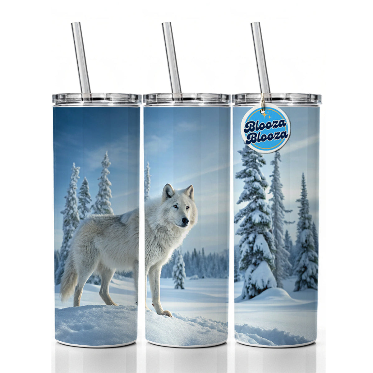 Wolf In Snow Scene Beautiful Skinny Tumbler 20oz with Straw Insulated Water Bottle Gift
